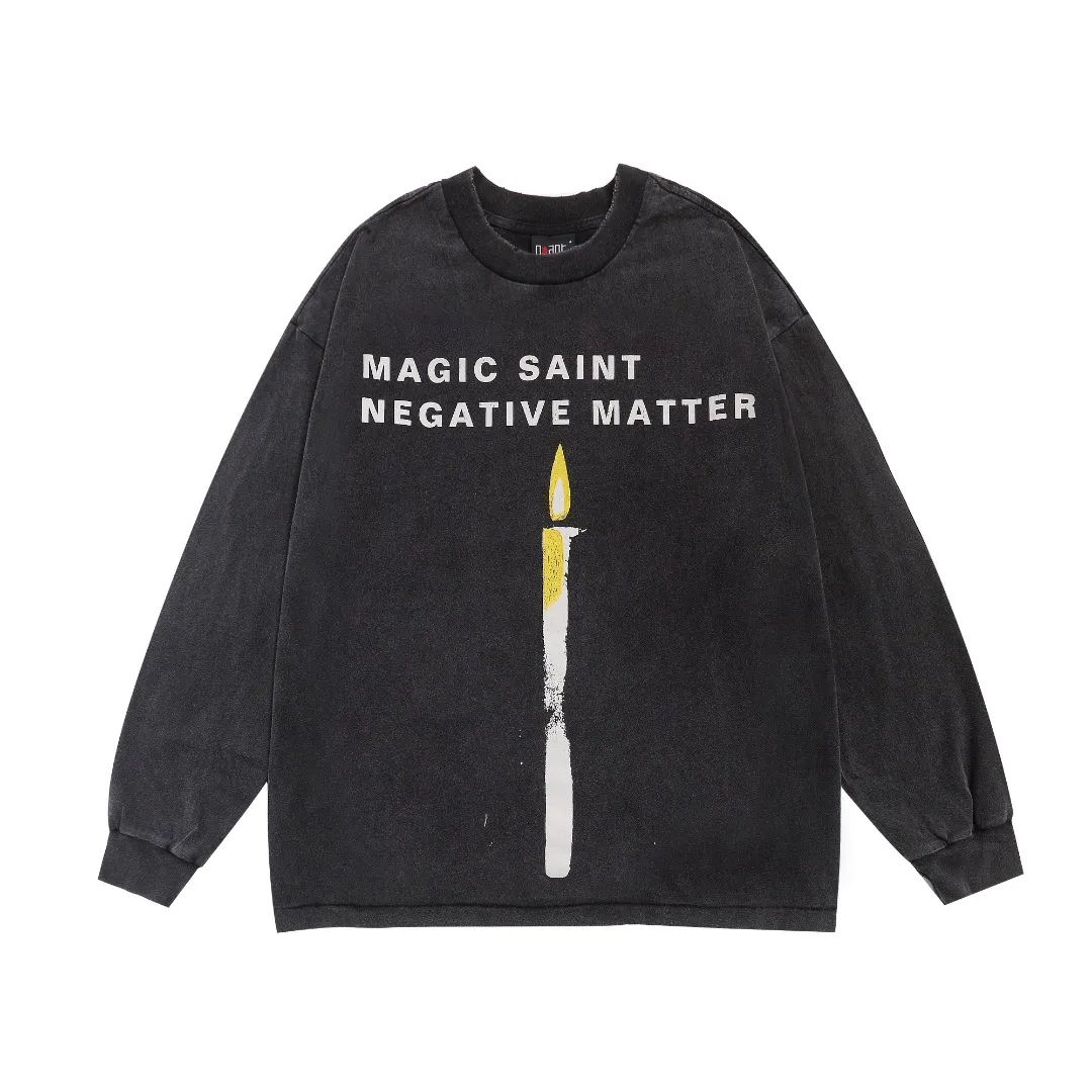 Saint Michael candle angle tee candle angel washed distressed printed loose long-sleeved bottoming T-shirt Fabric: 260g Style number: SM06 Size: S-M-L-XL Color: Black Price: P156